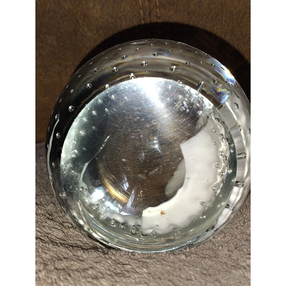 Vintage Controlled Bubble Art Glass Paperweight White & Smoky Black Swirl 3.5